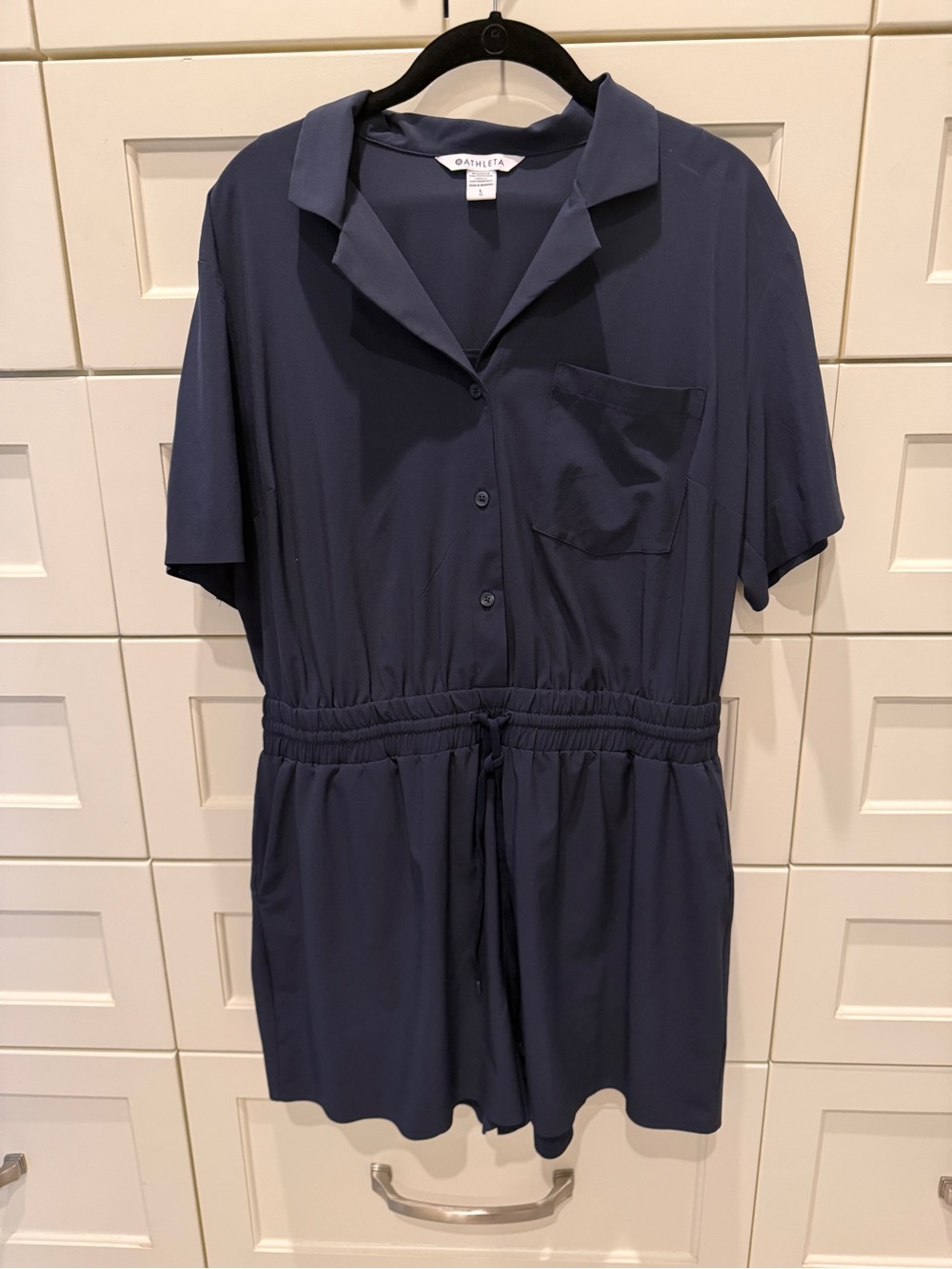 Athleta Navy Avenue Romper Camp Collar Size L #891765